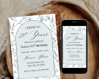 70. Geburtstagseinladung, bearbeitbare Vintage Blumeneinladung, elegante 70. Geburtstagsfeier einladen Vorlage, printable Download