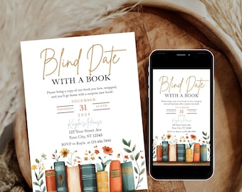 Blind Date mit einer Bucheinladung, bearbeitbare Buchtausch-Partyvorlage, Buchclub Girls Night einladen, druckbarer digitaler Download