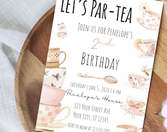 Princess Tea Party einladen, Let’s Par-Tea Geburtstagseinladung, Mädchen Prinzessin Gartenparty Vorlage, bearbeitbarer Canva Download