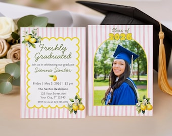 Editable Freshly Graduated Invitation Template, Lemon Grad Party Invite, Class of 2026 Graduation Invite with Photo, Canva Digital Download