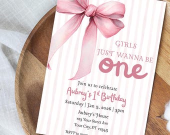 Girls Just Wanna Be One Invitation, Pink Bow First Birthday Invite, 1st Birthday Girl Party Template, Editable Canva Digital Download