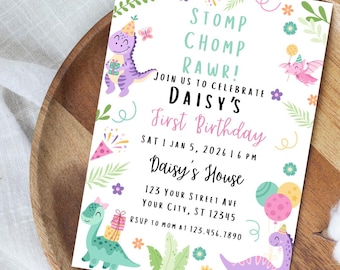 Dinosaurier-Geburtstagseinladung, bearbeitbare Stomp Chomp Rawr Party einladen, Dino-Geburtstagsvorlage, Pastell-Dinosaurier-Mädchen-Geburtstag, Canva Download