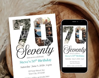 70er Jahre Geburtstagseinladung, bearbeitbare Fotocollage einladen, Look Who's 70 Party Vorlage, moderne Einladung, druckbare Canva Digital Download
