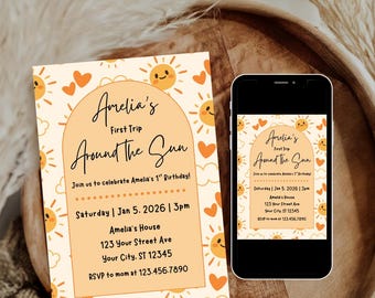 First Trip Around the Sun Birthday Invitation, You Are My Sunshine Invite Template, One in the Sun 1st Bday Editable Canva Digital Download