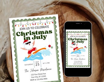 Christmas in July Party Invitation, Summer Xmas Pool Party Invite, Tropical Santa Beach Party Template, Editable Canva Digital Download