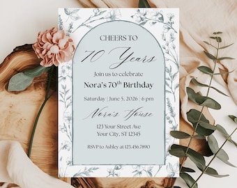 Bearbeitbare 70. Geburtstagseinladung, salbeigrüner Vintage-Geburtstag einladen, elegante siebzigste Partyvorlage Prost auf 70 Jahre digitaler Download