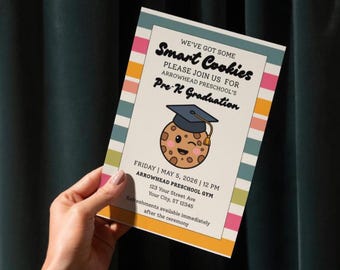 Preschool Graduation Invitation Template, One Smart Cookie Grad Flyer, Pre-K Kindergarten Graduation Invite, Editable Canva Digital Download