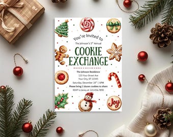 Könnte beinhalten: Eine festliche Einladung zum Keksaustausch. Die Einladung zeigt Aquarellillustrationen von Keksen, einem Lebkuchenmann, einem Weihnachtsbaum und einem Schneemann. Der Text lautet "Cookie Exchange" und enthält Veranstaltungsdetails.