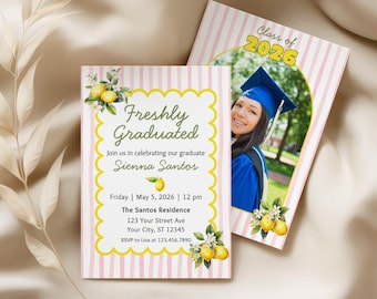 Freshly Graduated Invitation Template, Editable Lemon Grad Party Invite, Class of 2026 Graduation Invite with Photo, Canva Digital Download