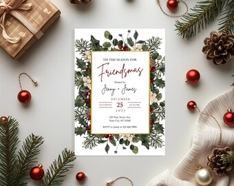 Bearbeitbare Friendsmas-Einladung, Weihnachtsfeiervorlage, Urlaubsgrün-Einladung, Urlaubsbeherbergung druckbarer Download