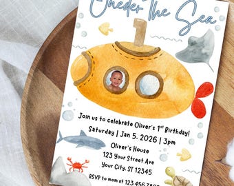 Editable Oneder the Sea Birthday Invitation with Photo, Under the Sea Birthday Invite Printable Template,  Canva Digital Download