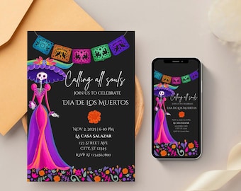 May include: Black Dia de los Muertos invitation with a skeleton figure in a pink and purple dress, and the text "Calling all souls". Includes a matching phone display. Features colorful floral and banner accents.