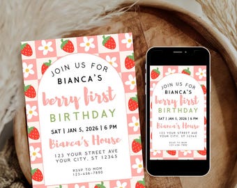 Beere erster Geburtstag einladen, bearbeitbare Erdbeere 1. Geburtstag Mädchen Einladung, rosa karierte Gänseblümchen Party Vorlage, bearbeitbare Canva Download