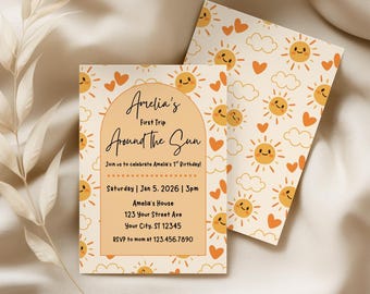 First Trip Around the Sun Invitation Template, Sunshine 1st Birthday Invite, One in the Sun Editable Canva Digital Download