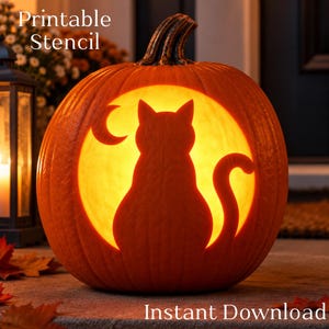 May include: An orange carved pumpkin featuring a silhouette of a cat sitting in front of a full moon and a crescent moon. The text Printable Stencil and Instant Download is visible on the image. The pumpkin is illuminated from within.