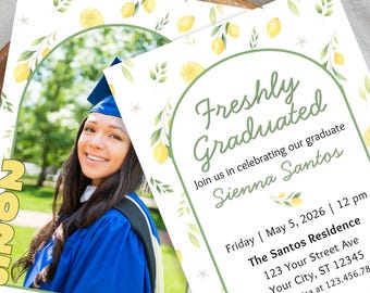 Editable Freshly Graduated Grad Party Invitation, Lemon Theme Invite Template, Class of 2026 Announcement Template Canva Digital Download