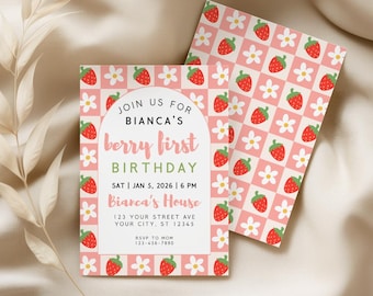 Beere Einladungsvorlage zum ersten Geburtstag, Erdbeer-Gänseblümchen 1. Geburtstagskind einladen, rosa karierte Partyvorlage, bearbeitbarer Canva-Download
