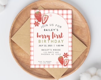 Berry First Birthday Invite, Strawberry First Birthday Girl Template, Berry First Birthday Invitation Digital, Printable Download