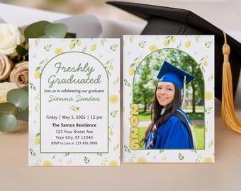 Freshly Graduated Invitation Template, Editable Lemon Grad Party Invite, Class of 2026 Graduation Invite with Photo, Canva Digital Download