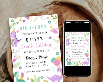 Dinosaurier-Geburtstagseinladung, bearbeitbare Dino VIER Party einladen, T-Rex Dino-Geburtstagsvorlage, Pastell-Dinosaurier-Mädchen-Geburtstag, Canva Download