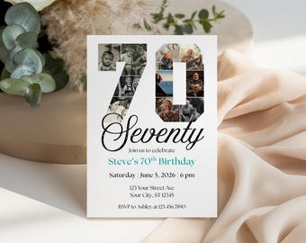 Bearbeitbare 70. Geburtstagseinladung mit Fotocollage, 70. Geburtstag einladen, Siebziger Party Vorlage, digitaler Download