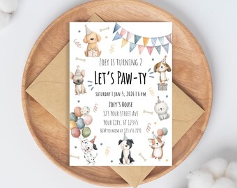 Editable Let’s Pawty Birthday Invitation Template, Puppy Party Invite, Two Let the Dogs Out Birthday, Dog Birthday Canva Digital Download