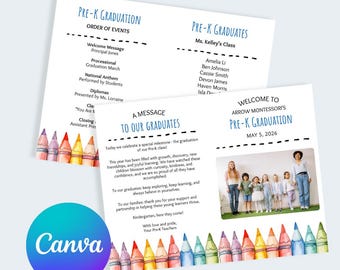 Preschool Graduation Program Template, Editable Pre-K Kindergarten Ceremony Program, Class of 2026 Graduation Program Canva Digital Download