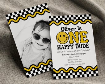 One Happy Dude Birthday Invitation, Boy 1st Birthday Invite, Retro First Birthday Party Template, Editable Canva Digital Download