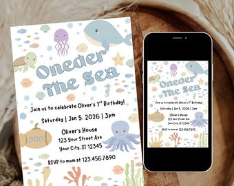Editable Oneder the Sea Birthday Invitation, Under the Sea Birthday Invite Printable Template, Ocean Animals Party Canva Digital Download