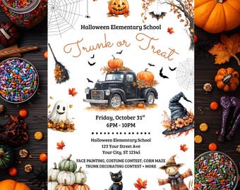 Trunk or Treat Flyer, Editable Halloween Invitation Template, School or Church Event Poster, Printable Canva Digital Download Fall Festival