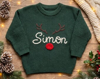 Hand Embroidered Rudolph Antlers Name Sweater, Personalized Reindeer Toddler Sweater, Holiday Baby Outfit, Custom Kids Christmas Sweater