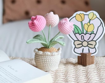 Handmade Crochet Tulip in Pot Desk & Home Decor Gift Floral Arrangement graduation flower  personalized gifts housewarming gift crochet gift