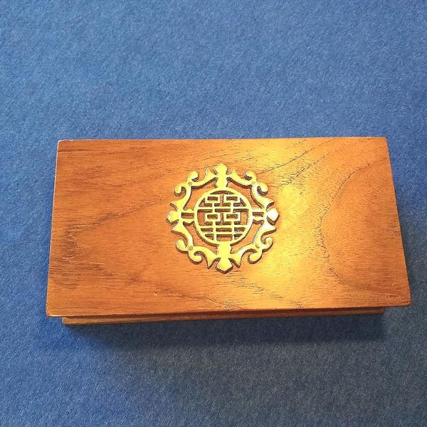 Vintage Burmese Teak Box With Brass Decoration, Kabil Original