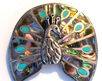 1940s Manuel Picayo Figueroa Peacock Sterling Silver Mexican Brooch, Abalone & Turquoise Inlay, Hecho a Mano Hand Mark .925, 31g