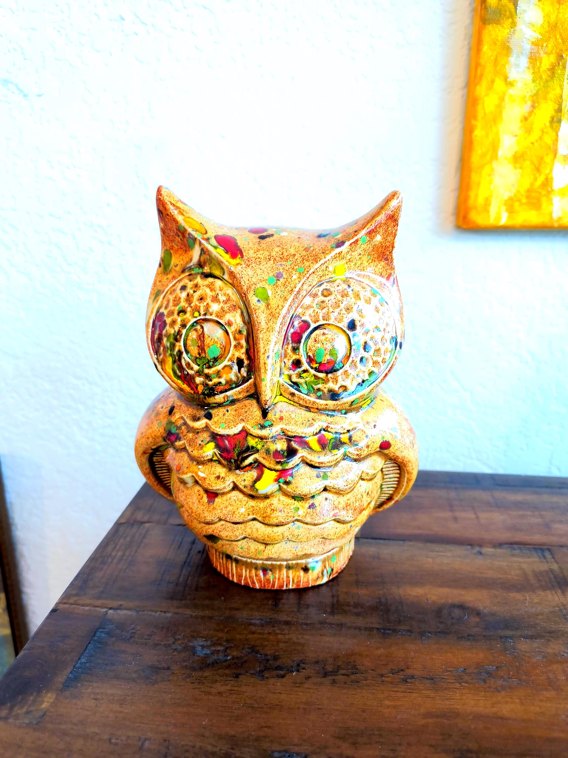 Vintage Owl Piggy Bank | Paint Splatter Ceramic Coin Bank | 1980s Kitschy Owl Figurine | Retro Nurse