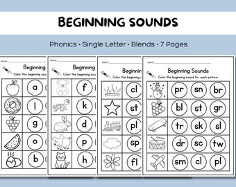 Phonics Beginning Sounds Printable Worksheets Pre-K to 1st grade for Teachers, Parents, Homeschool
