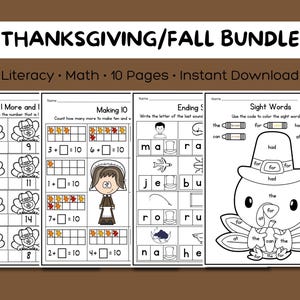 Thanksgiving/Fall Literacy and Math Worksheet Bundle for PreK to Kindergarten