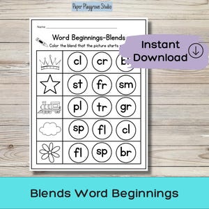 May include: A black and white worksheet titled "Word Beginnings-Blends" with illustrations and letter blends. The worksheet includes a crown, star, train, cloud, and flower. The text "Instant Download" is in a purple box.