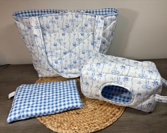 Blue Floral Bows Diaper Bag Bundle | Quilted Baby Shower Gift Set | Functional Handmade Mom Bag