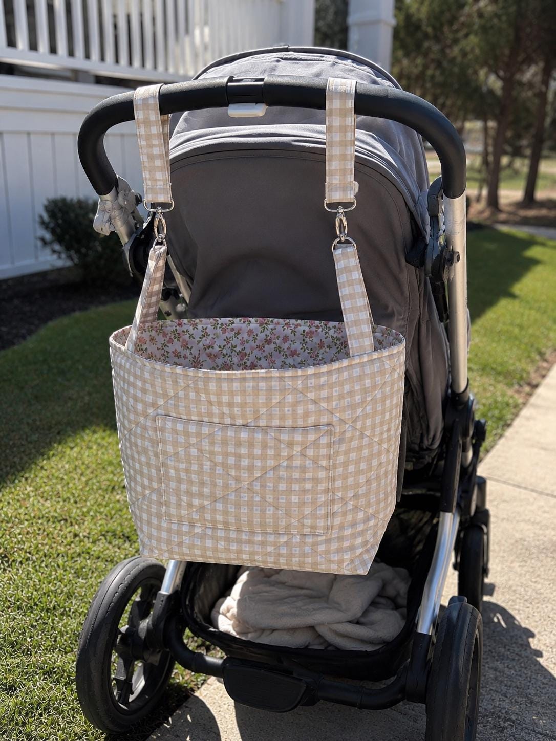 Beige Gingham Detachable Stroller Bag Quilted Stroller Organizer Baby Stroller Storage Baby Shower Gift for Mom
