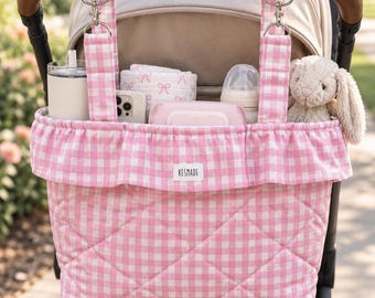 Barnvagnsväska med ginghammönster | Vadderad barnvagnsorganisatör | Barnvagnsväska | Mammapresent | Barnrums- och babyshowerpresent