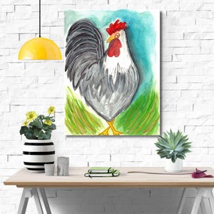 Regal Rooster Leinwanddruck und Leinwand Wandkunst, Aquarell Huhn Malerei, Bauernhaus Küche Dekor, ländliche Barnyard Tierkunst für Dekor!
