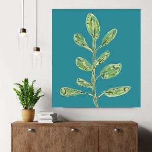 Teal in Bloom canvas print and canvas wall art, minimalist eucalyptus leaf botanical painting on teal, modern decor for living room bedrooms