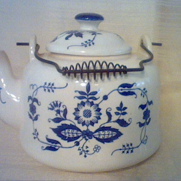 Vintage Armbee blue and white blue onion ceramic teapot with lid and metal handle