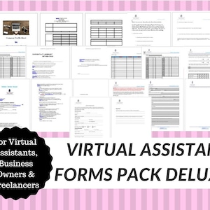 May include: A collection of printable forms for virtual assistants, business owners, and freelancers. The forms include a client intake form, a confidentiality agreement, a service agreement, a project proposal, a time tracking sheet, and a client feedback form.
