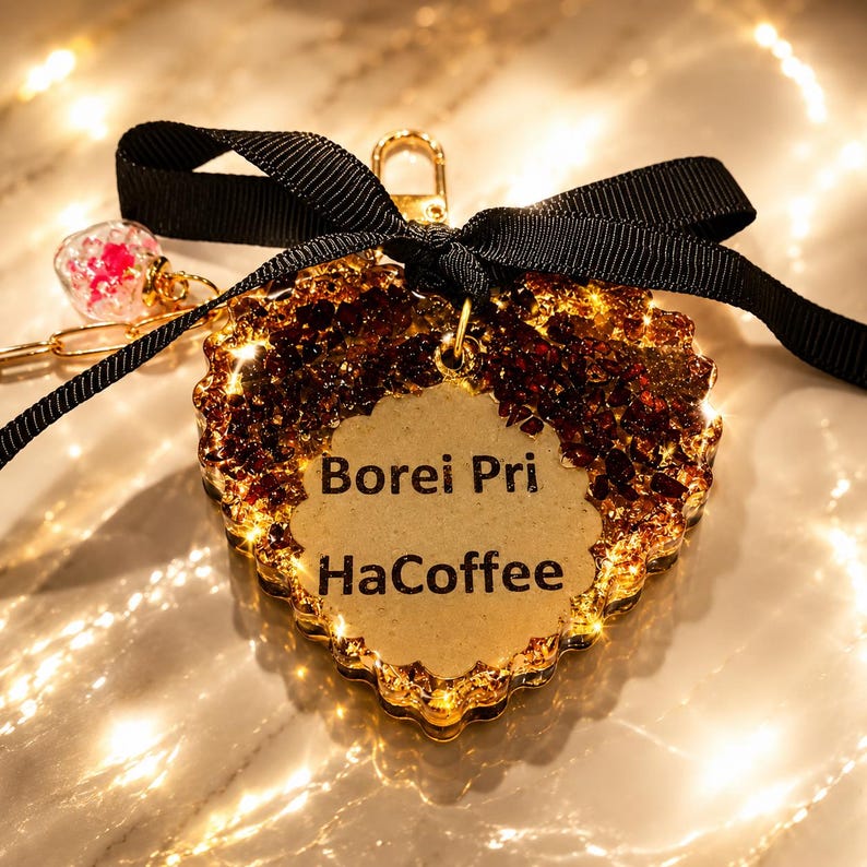 May include: A heart-shaped keychain featuring a textured, dark amber-colored resin base with embedded fragments. A central scalloped beige insert displays the black text Borei Pri HaCoffee. A black ribbon bow and a small pink floral charm are attached.