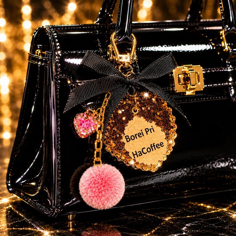 May include: A glossy black handbag featuring a gold-toned clasp and a decorative charm set. The charm includes a black ribbon bow, a pink pom-pom, a small heart-shaped pendant, and a gold glitter leaf tag with the text Borei Pri HaCoffee.