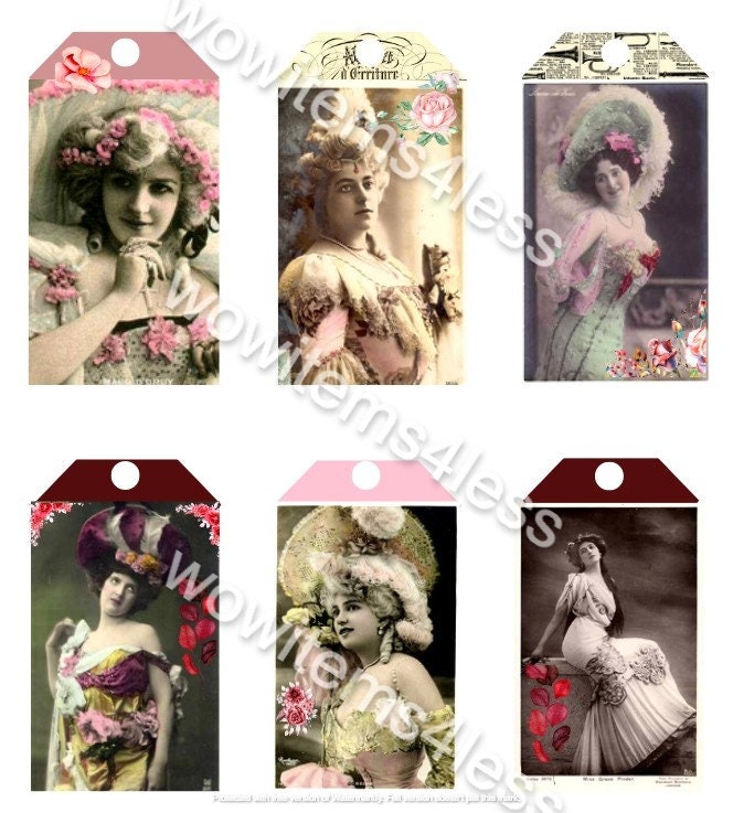 Gift Hang Tags 36 Vintage Inspired Digital Show Girl Tags Mixed Media