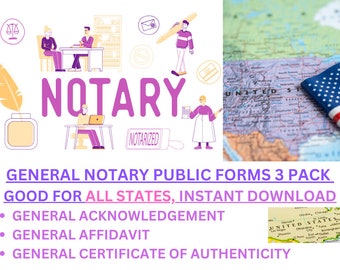 Notary Public Set General Acknowledgement, General Affidavit & General Certificate of Authenticity for All States, Printable Certificates