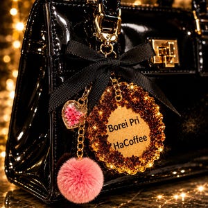 May include: A black patent leather handbag featuring a decorative keychain with a black ribbon bow, a pink pom-pom, a heart-shaped charm with pink flowers, and a circular gold-toned glitter pendant with the text Borei Pri HaCoffee.